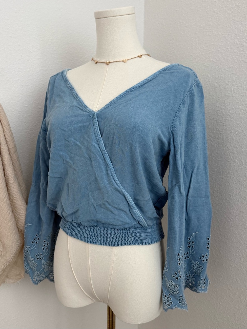 Blue Embroidered Bell Sleeve Wrap Top | Women's Medium